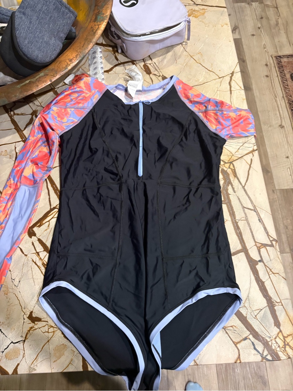 PrAna Women's Black One-Piece Rash Guard Swimsuit with Coral Print Sleeves